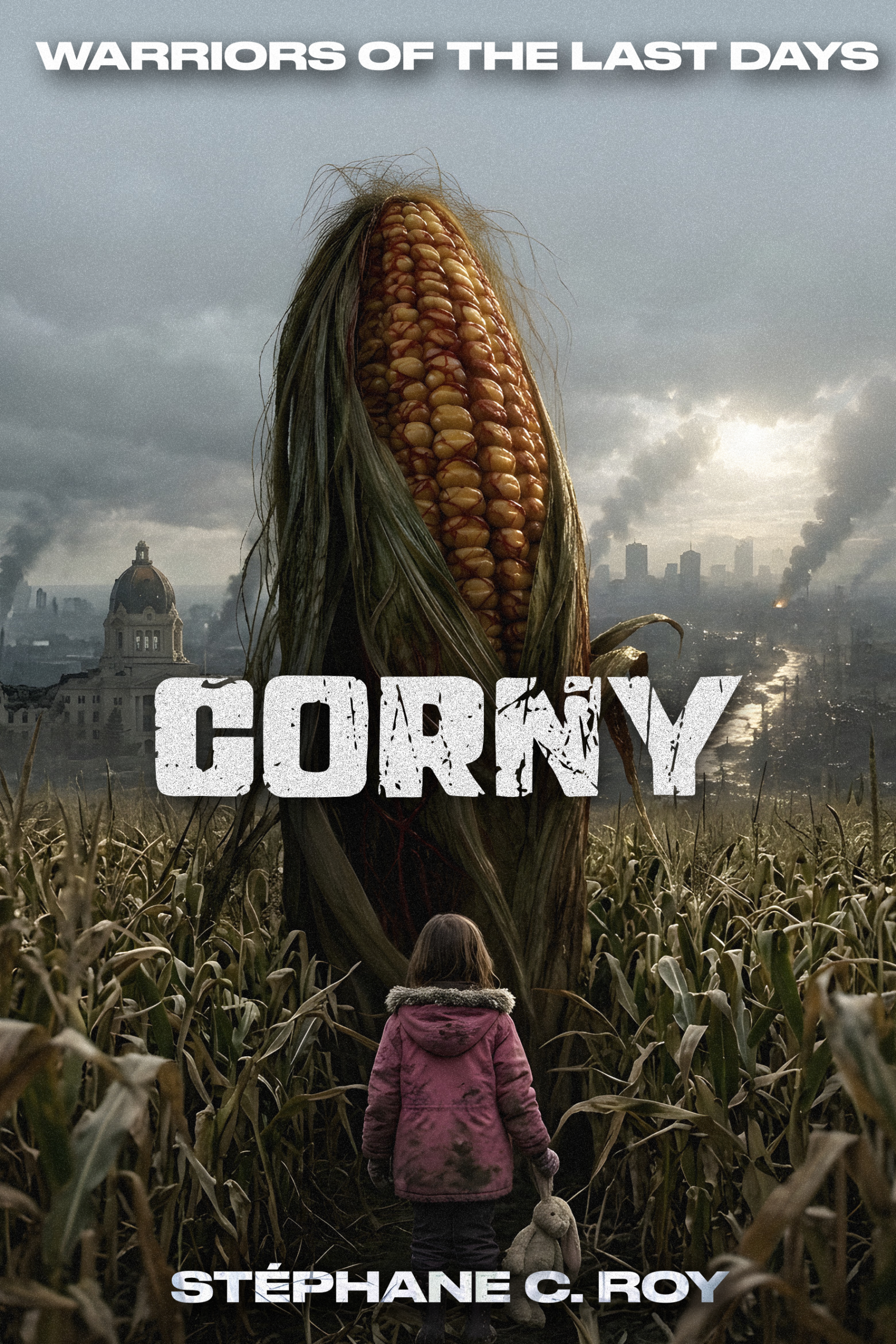 A child in a pink coat stands in a cornfield facing a giant ear of corn against a backdrop of a post-apocalyptic city.