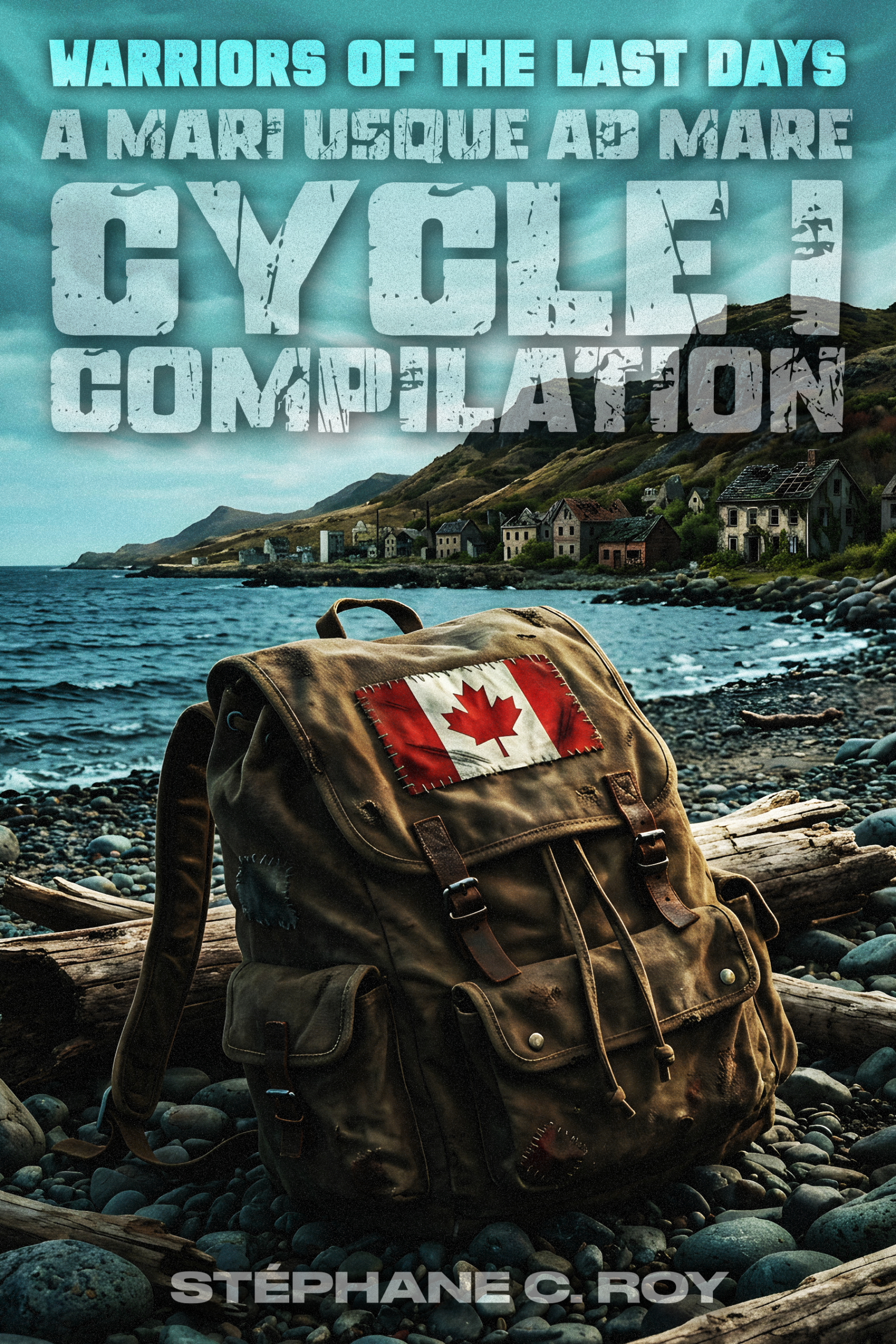 A worn canvas backpack with a Canadian flag patch sits on a rocky beach in front of a desolate, ruined coastal village.