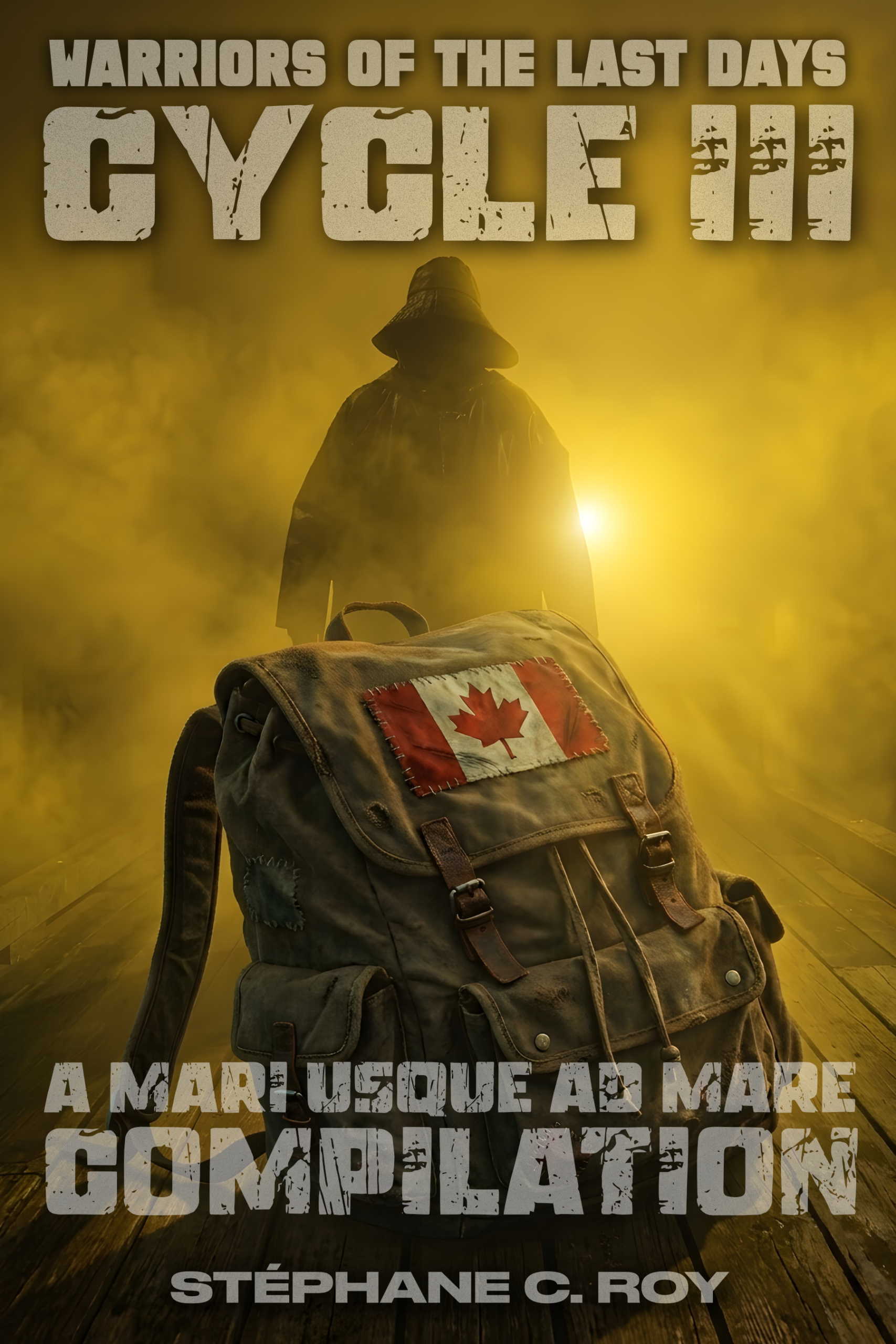 A worn backpack with a Canadian flag patch sits on a wooden surface in front of a silhouetted figure in a hazy, yellow-lit post-apocalyptic landscape.