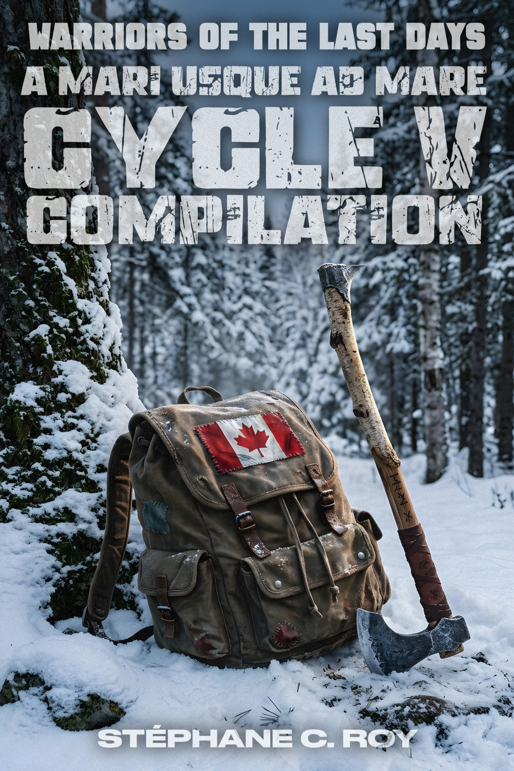 A weathered backpack with a Canadian flag patch and a rustic axe resting against a snow-covered tree in a winter forest.