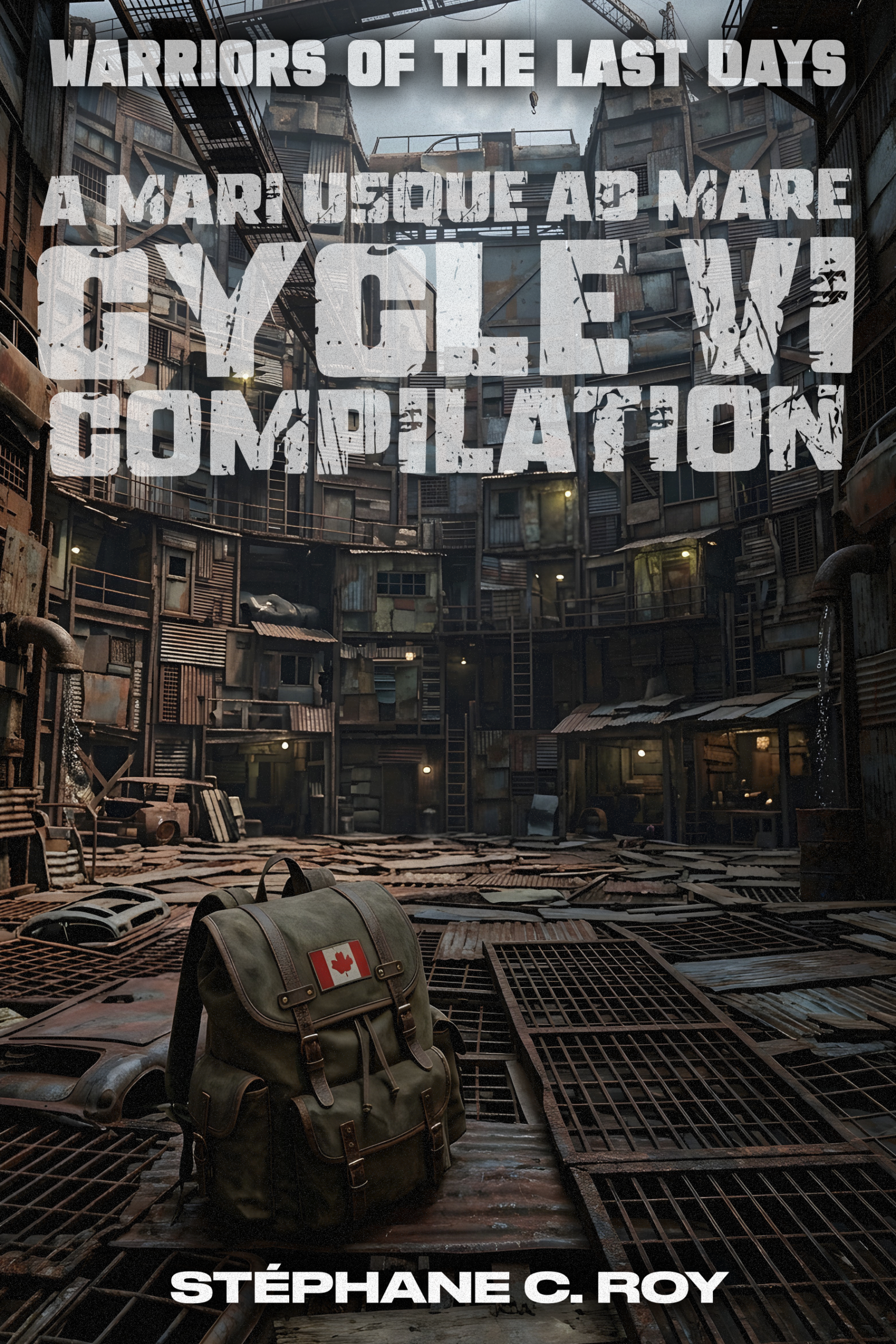 A green backpack with a Canadian flag patch sits on a metal grate in a desolate, post-apocalyptic urban setting.