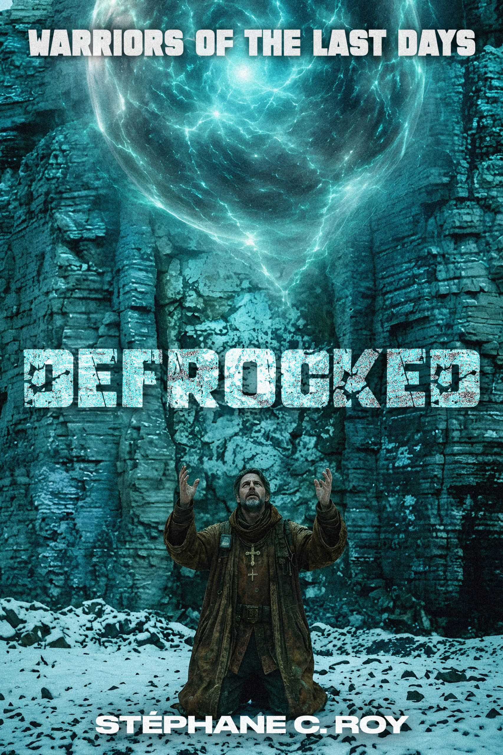 A man in a brown coat kneels before a glowing blue energy sphere against a rocky, snow-covered cliffside.