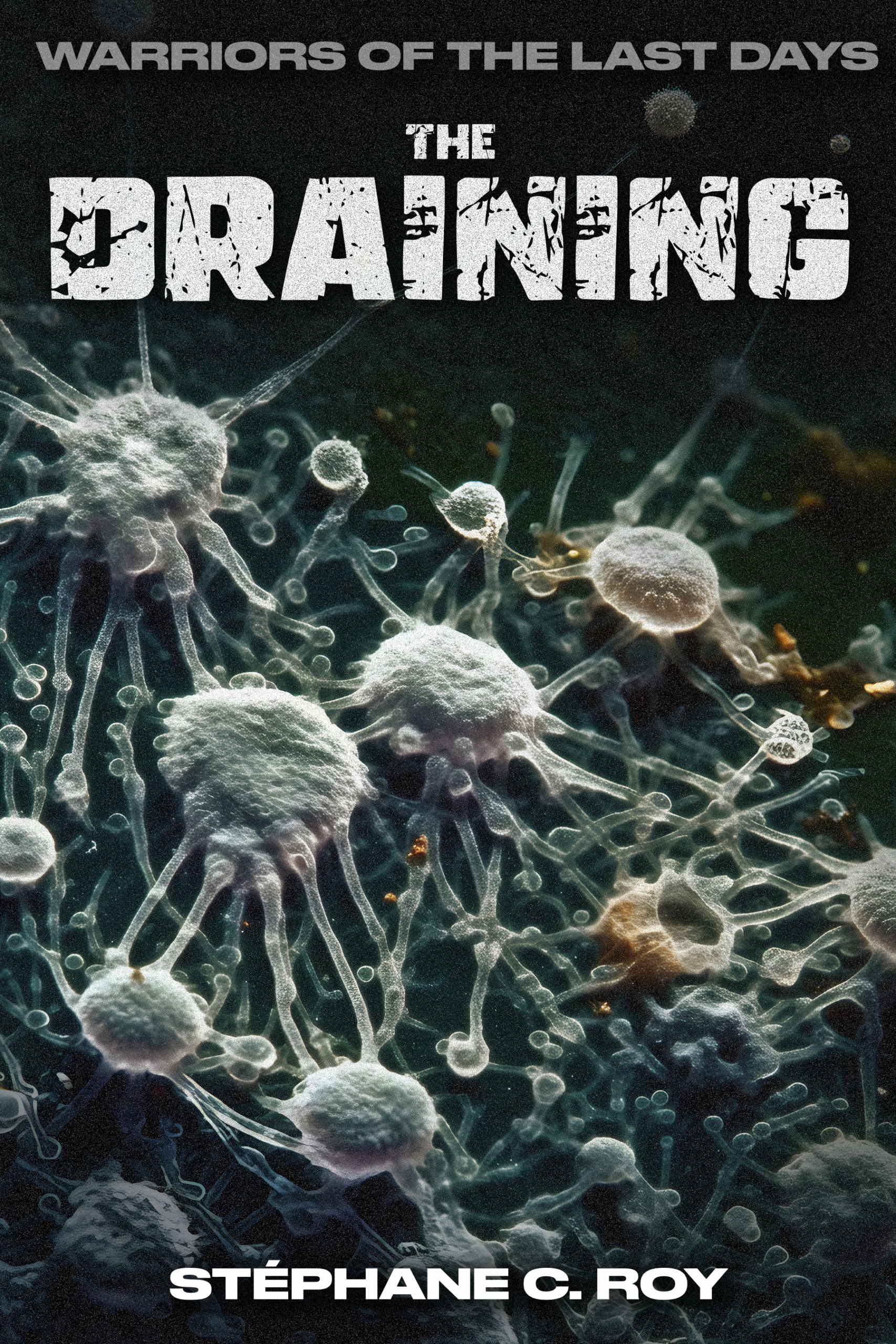 Book cover for The Draining by Stéphane C. Roy, featuring a microscopic view of interconnected, pale, spiky organic structures against a dark background.