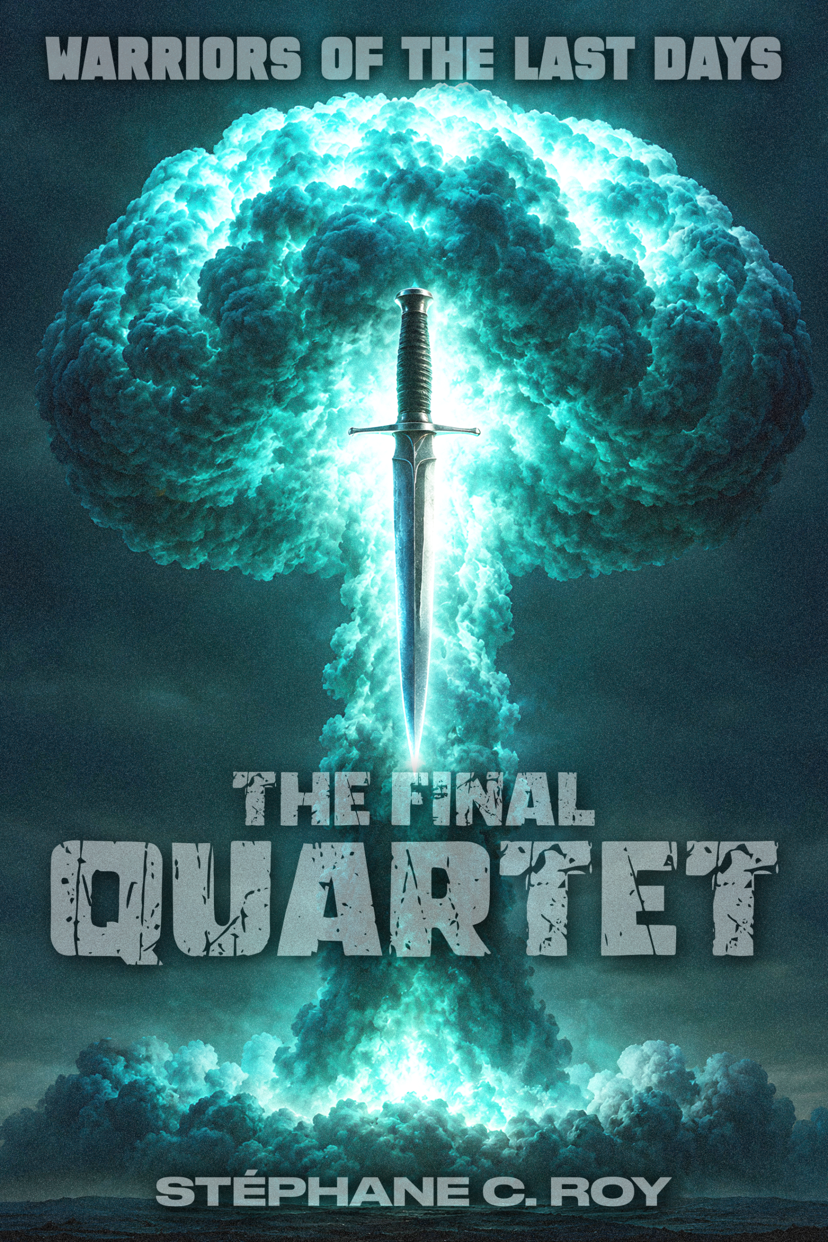 A dagger stands vertically in front of a glowing blue nuclear mushroom cloud, with the title The Final Quartet and author name Stéphane C. Roy visible.