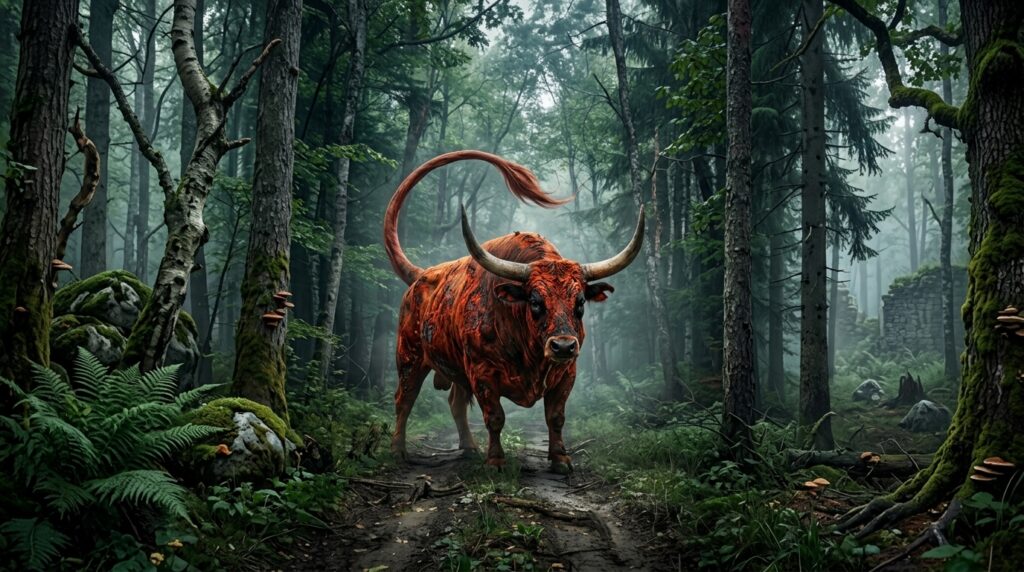 A large, reddish-brown bull-like creature with a long, curved tail standing on a dirt path in a dense, misty forest.