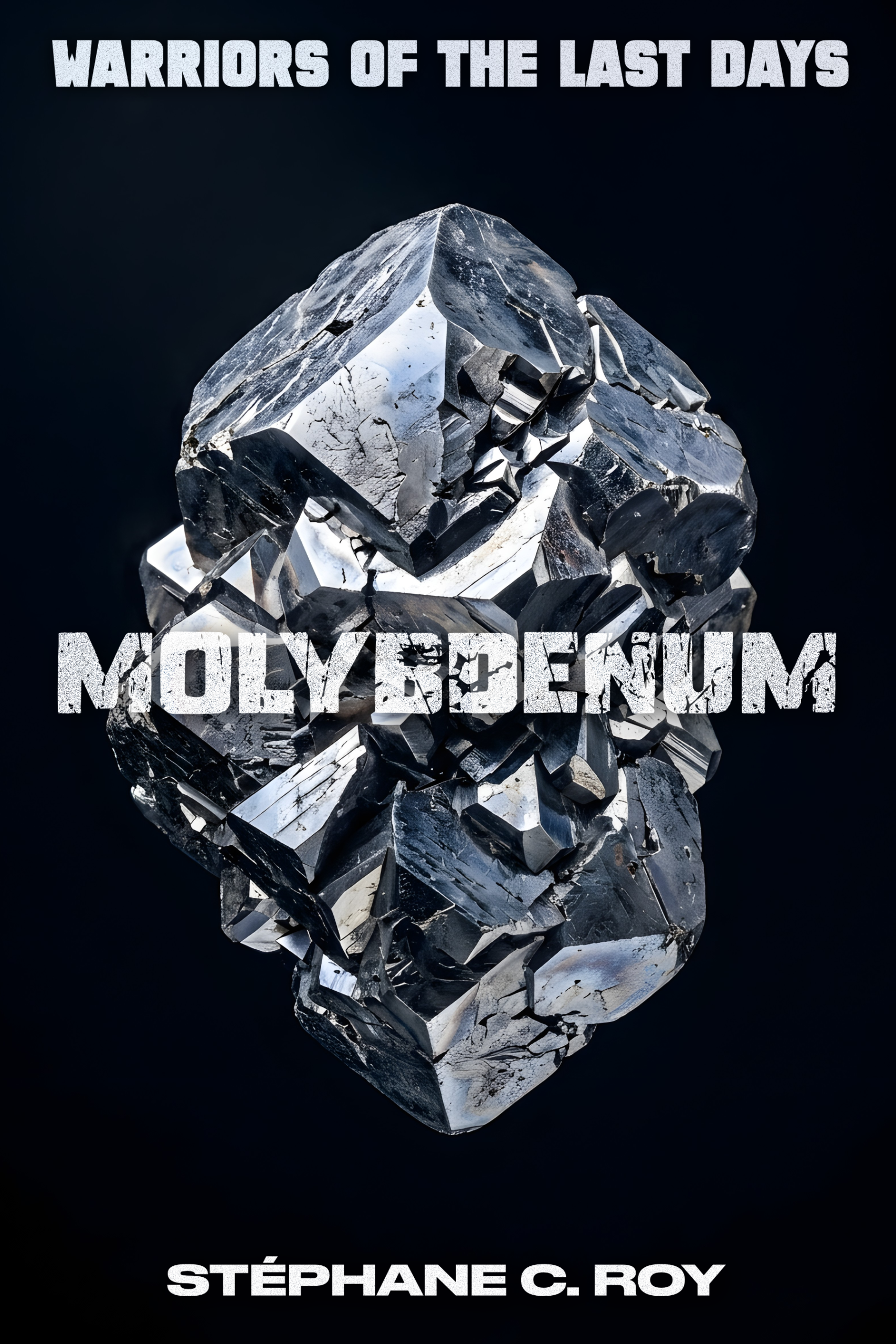 The book cover for Molybdenum, part of the Warriors of the Last Days series by Stéphane C. Roy, featuring a large, metallic crystalline structure against a black background.