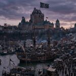 A dark, atmospheric view of a harbor in a post-apocalyptic version of Quebec City, featuring tall sailing ships and a crowd of people walking along the docks beneath the Chateau Frontenac.