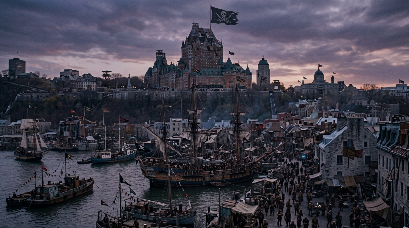 A dark, atmospheric view of a harbor in a post-apocalyptic version of Quebec City, featuring tall sailing ships and a crowd of people walking along the docks beneath the Chateau Frontenac.