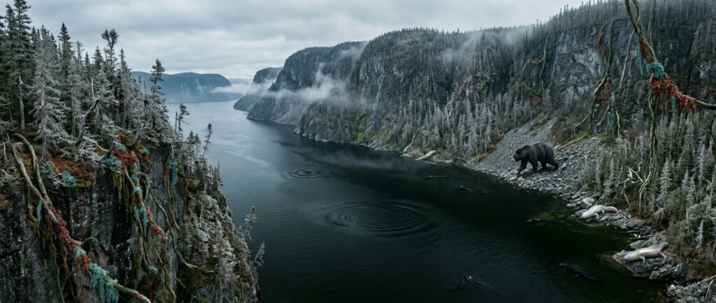A dark, misty fjord landscape with steep cliffs, coniferous trees, and a large bear walking along the rocky shoreline.