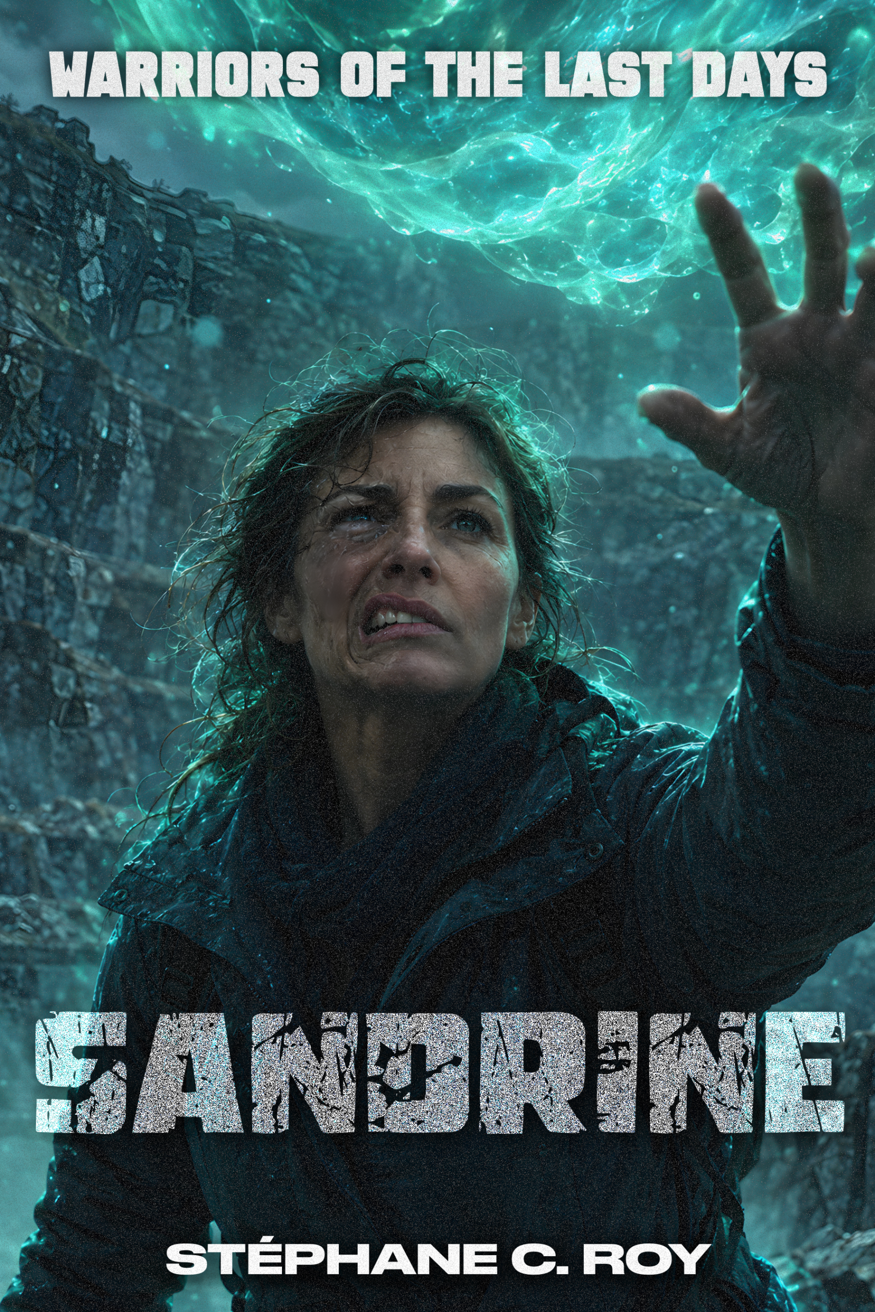 A woman in a dark, rugged environment reaches toward a glowing turquoise energy field above her, with the text Warriors of the Last Days, Sandrine, and Stéphane C. Roy visible.