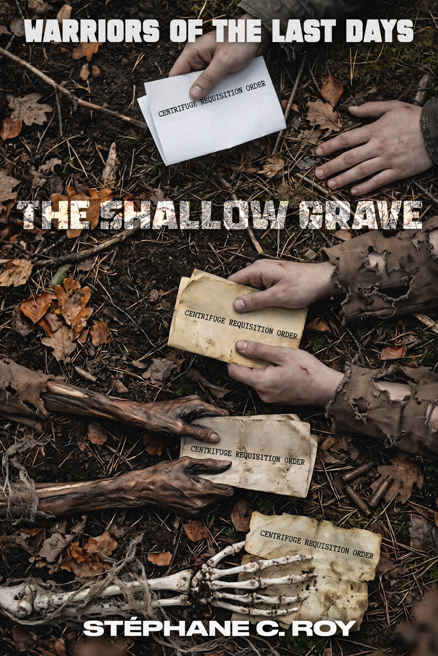 Book cover for The Shallow Grave showing hands exchanging Centrifuge Requisition Order documents over a forest floor with skeletal remains.