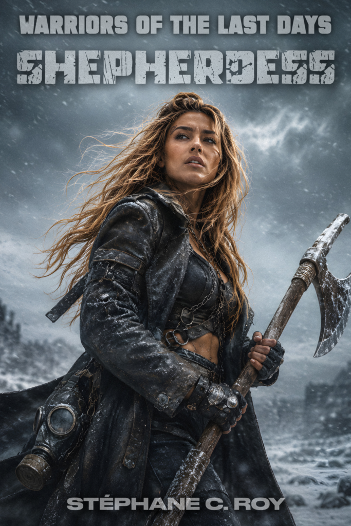 A woman in rugged post-apocalyptic attire stands in a snowy landscape holding a large axe, with a gas mask hanging at her side.