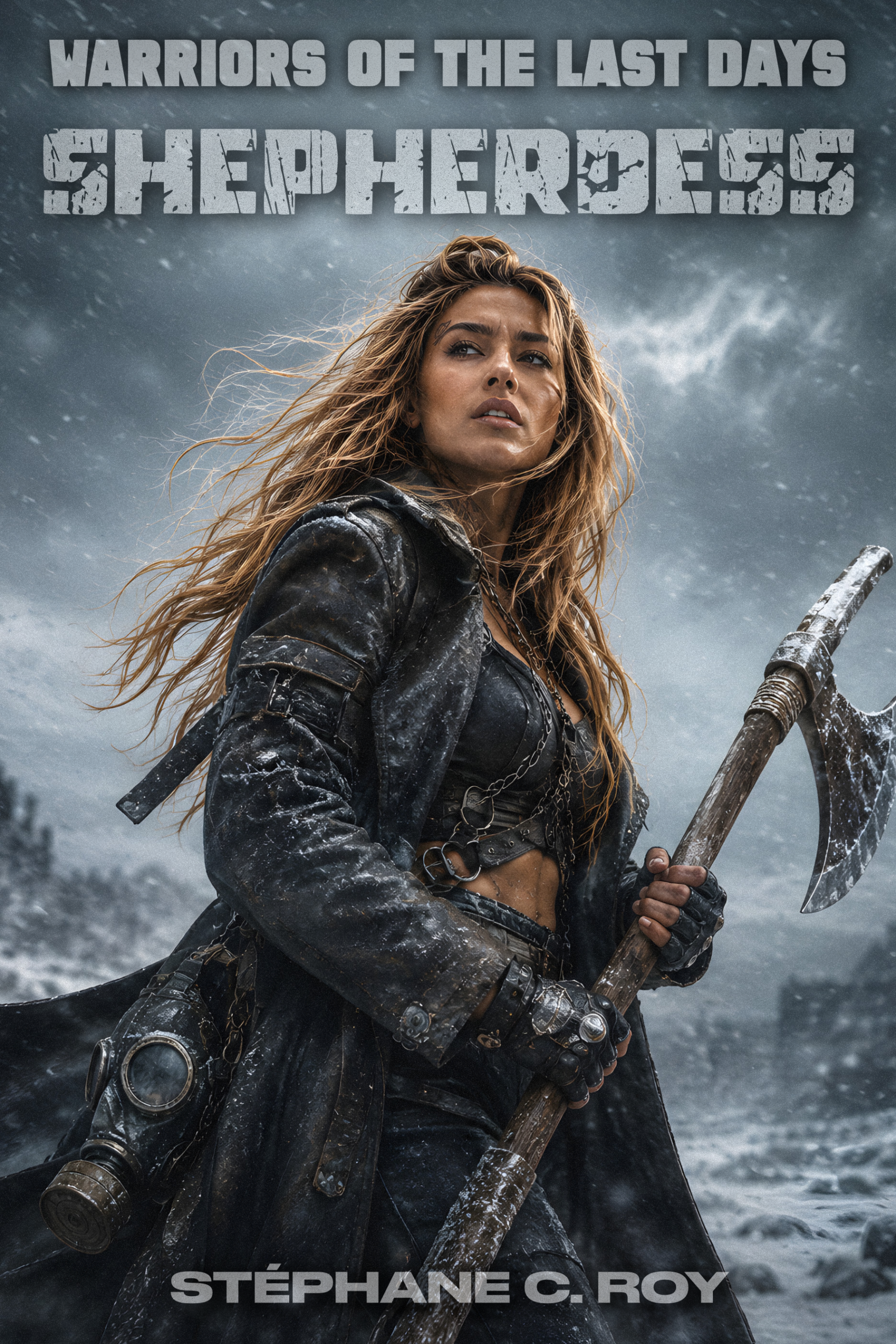 A woman in rugged post-apocalyptic attire stands in a snowy landscape holding a large axe, with a gas mask hanging at her side.