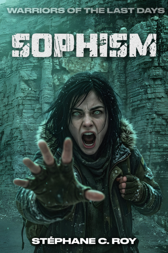 Book cover for Sophism, featuring a person with a distressed expression reaching toward the viewer against a rocky, snow-dusted background.