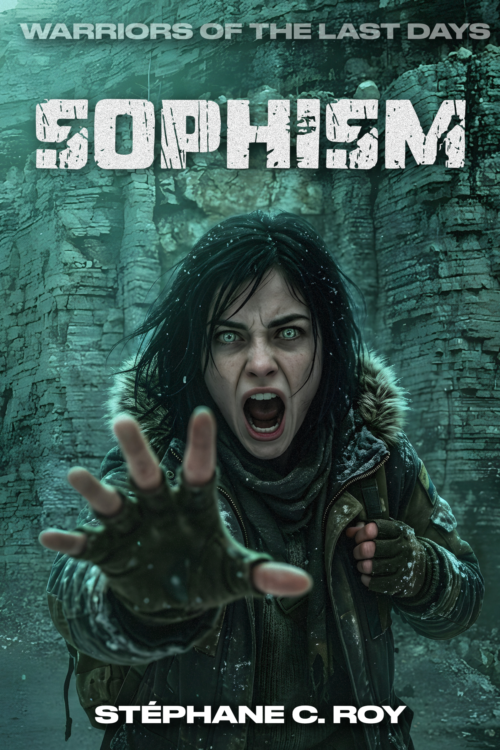 Book cover for Sophism, featuring a person with a distressed expression reaching toward the viewer against a rocky, snow-dusted background.