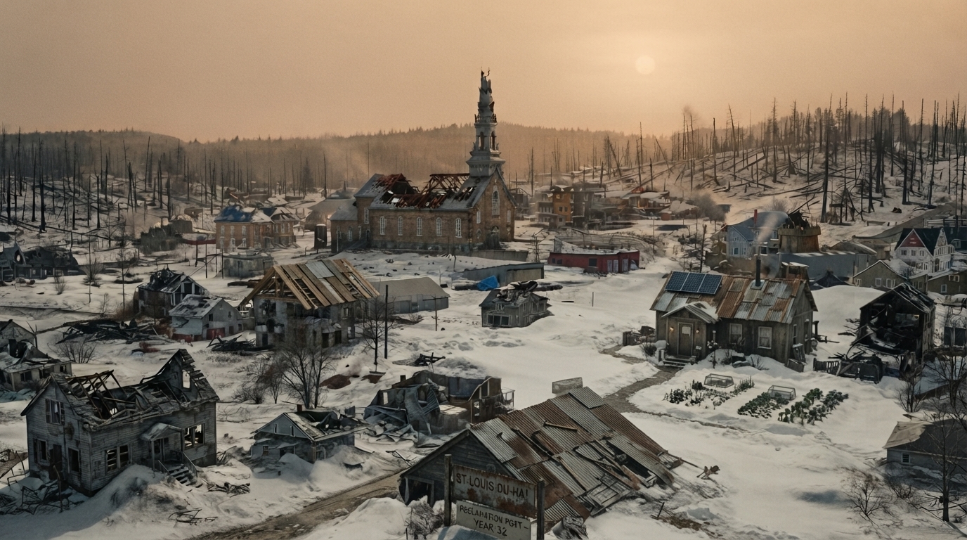 A snowy, post-apocalyptic landscape featuring a damaged church and ruined houses under a hazy, dim sky.