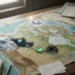 A detailed map of Canada spread across a wooden desk, featuring red travel routes, glowing markers, and small 3D-like illustrations of settlements and terrain, surrounded by open journals and a compass.