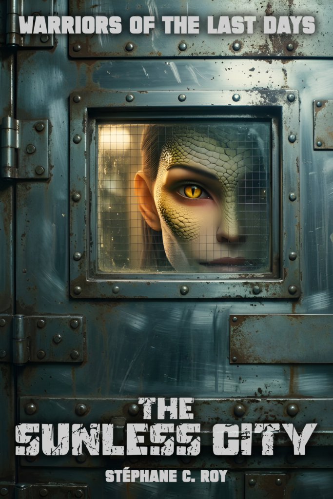 A book cover featuring a person with reptilian scales on their face looking through a small, wire-reinforced window in a heavy, riveted metal door.