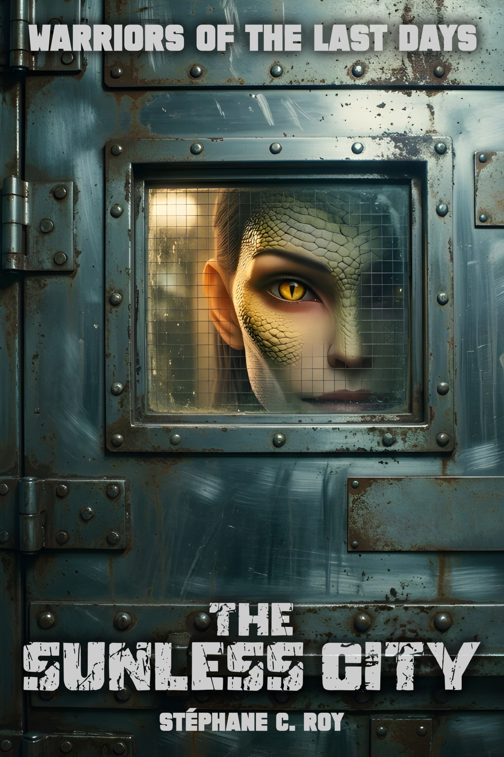 A book cover featuring a person with reptilian scales on their face looking through a small, wire-reinforced window in a heavy, riveted metal door.