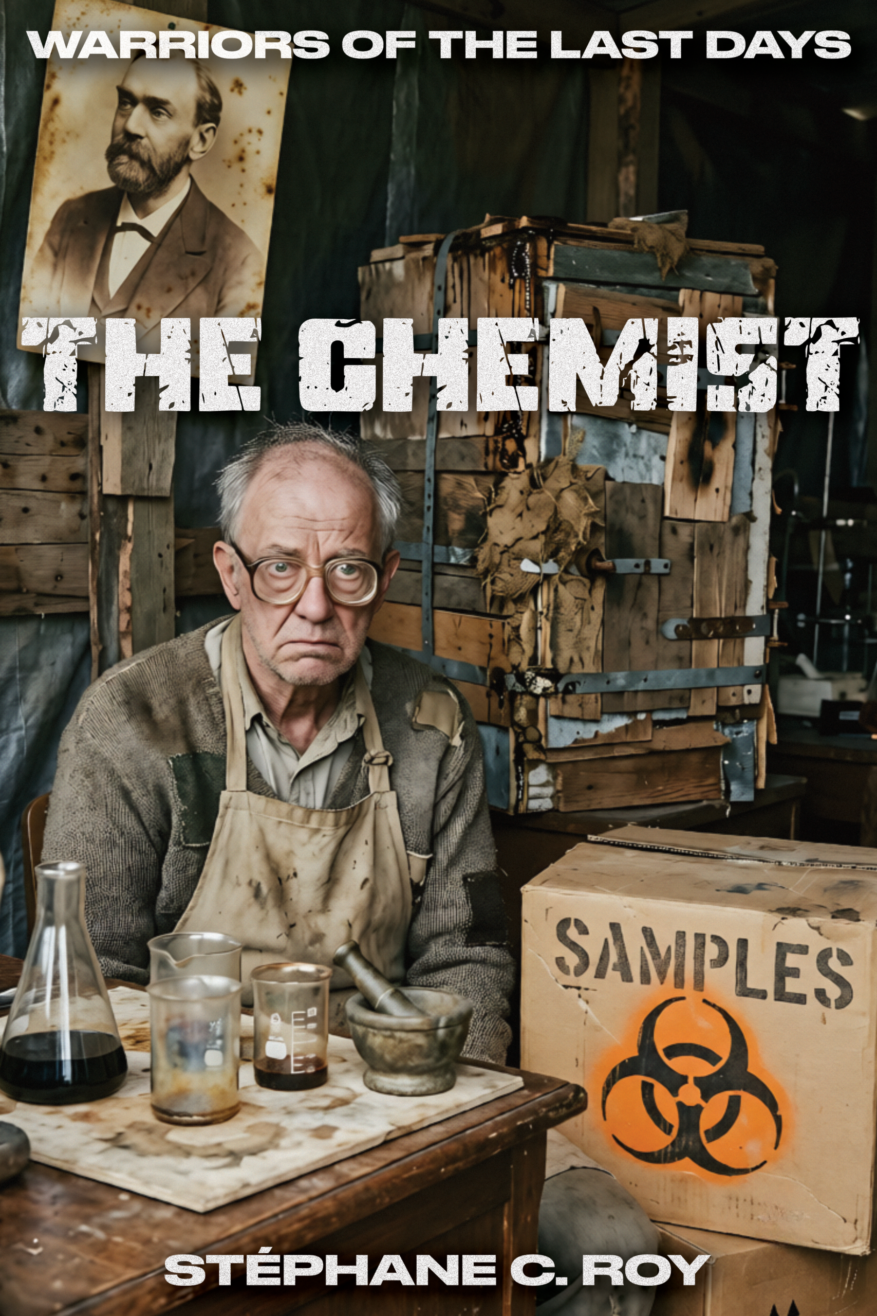 An older man in a worn apron sits at a desk with laboratory glassware in a makeshift, post-apocalyptic setting, with a box labeled SAMPLES and a biohazard symbol nearby.