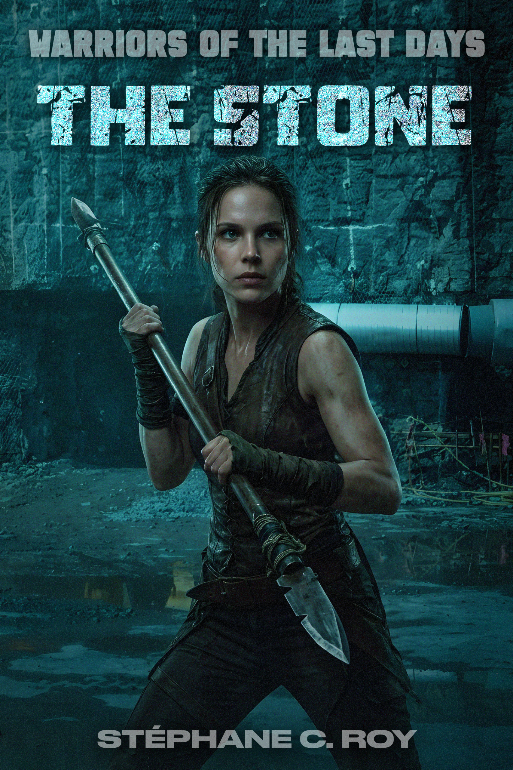 A woman in rugged, post-apocalyptic attire stands in a dark, industrial setting holding a spear, with the title text Warriors of the Last Days: The Stone visible above her.