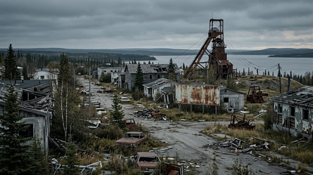 A desolate, overgrown street in a ghost town featuring rusted vehicles, dilapidated wooden buildings, and a large industrial mine headframe against a cloudy sky.
