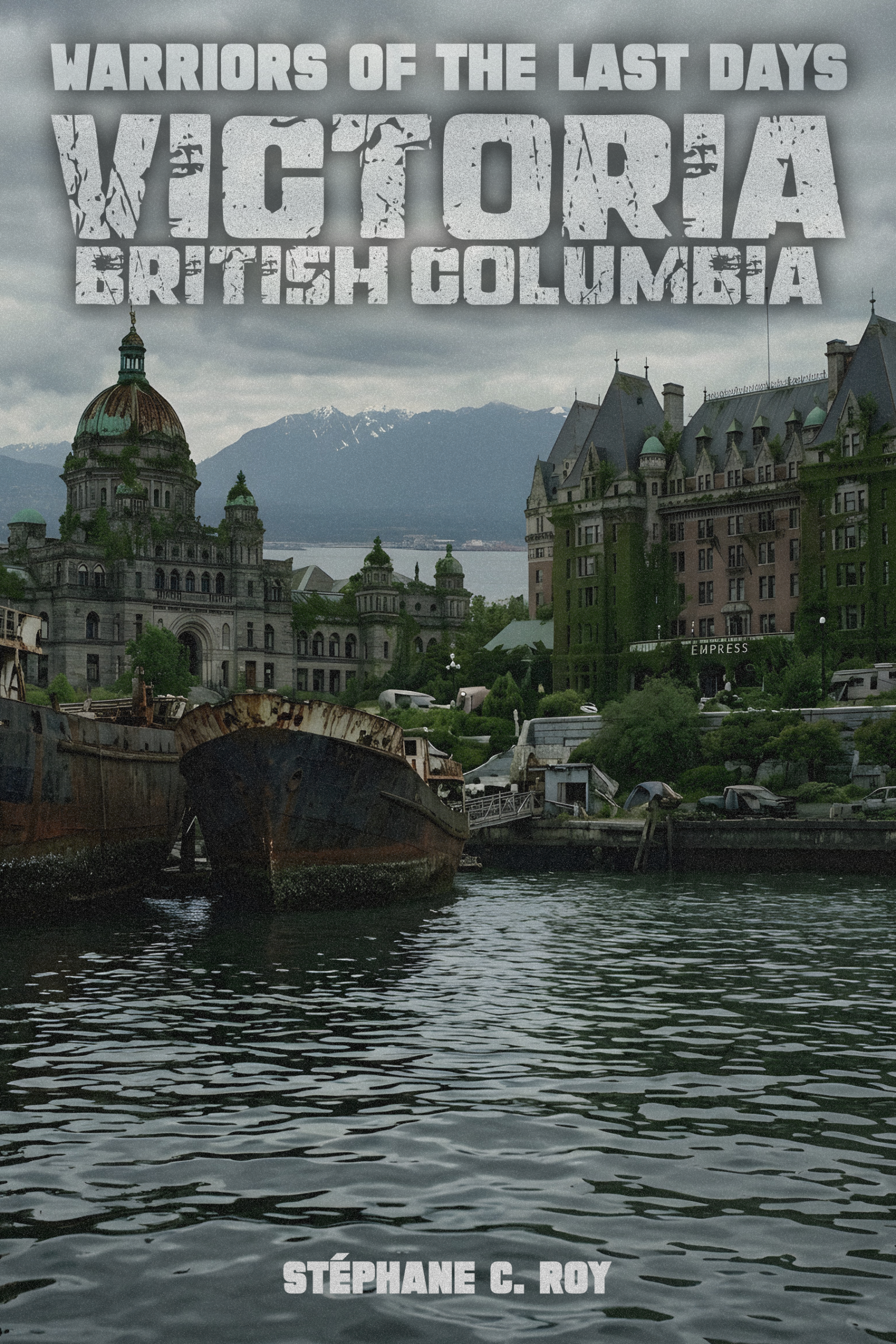 A dystopian depiction of Victoria, British Columbia, featuring overgrown historic buildings and rusted ships in the harbor under a cloudy sky.