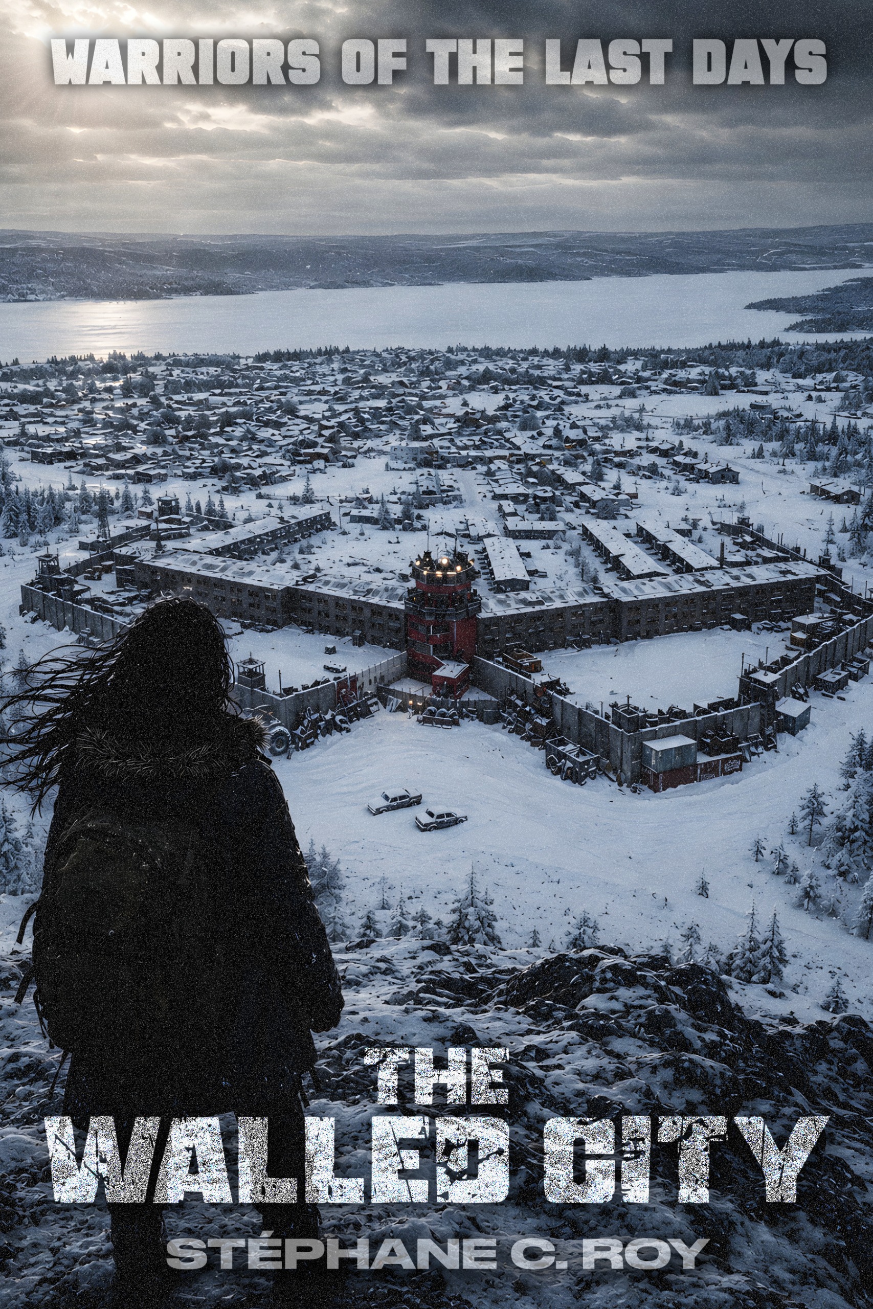 A person with a backpack stands on a snowy ridge overlooking a fortified, walled city in a post-apocalyptic winter landscape.