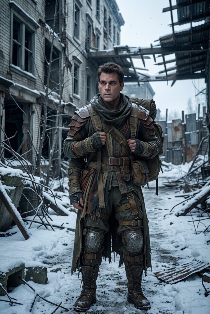 A man in rugged, post-apocalyptic survival gear standing in a snow-covered, ruined urban street.