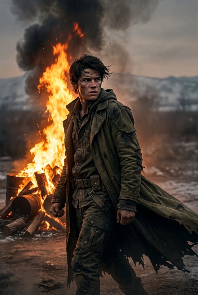 A young man in a tattered, dark green coat stands in a desolate, snowy landscape with a large fire burning in the background.
