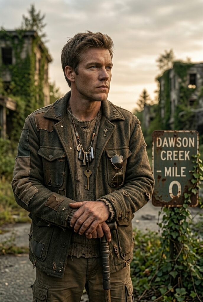 A man in a worn, patched olive jacket stands in a post-apocalyptic setting next to a rusted road sign that reads Dawson Creek Mile 0.