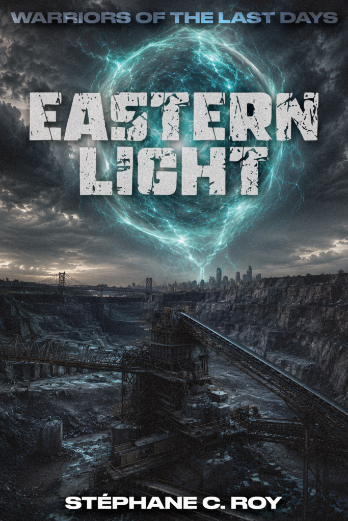 Book cover for Eastern Lights, featuring a glowing blue energy sphere above a dark, industrial quarry landscape and a distant city skyline.