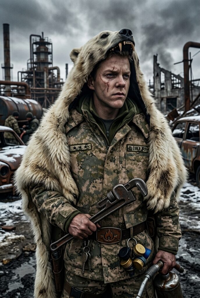 A person wearing a bear-skin hood and camouflage tactical gear stands in a post-apocalyptic industrial wasteland holding a large pipe wrench.