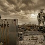 A large stone statue of a Viking warrior stands in a desolate park under a dark, cloudy sky, with a rusted metal sign reading Viking Park in the foreground.