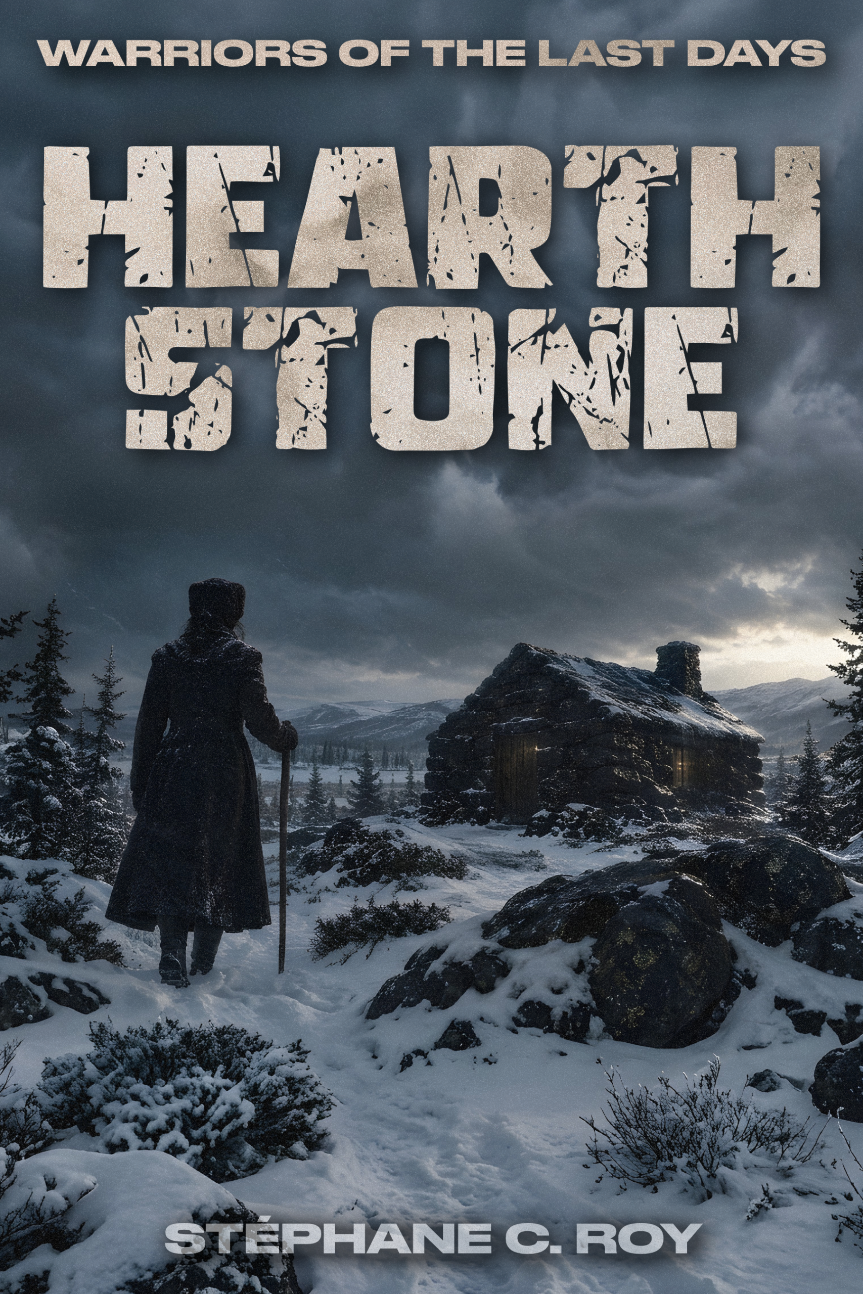 A person in a long coat and fur hat walks through a snowy, desolate landscape toward a small stone cabin under a dark, cloudy sky.