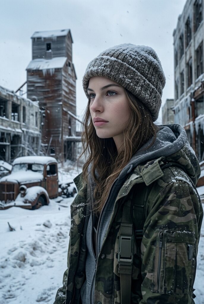 A young person wearing a beanie and camouflage jacket stands in a snowy, post-apocalyptic setting with an old, rusted truck and industrial buildings in the background.