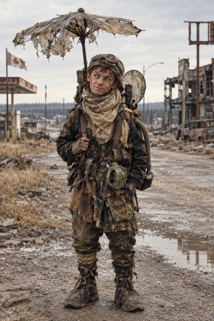 A young person dressed in weathered, post-apocalyptic gear standing in a ruined landscape while holding a tattered umbrella.