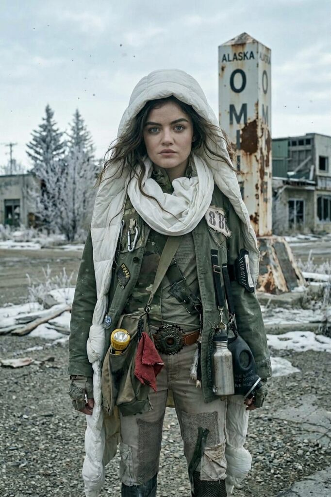 A young woman dressed in survivalist gear stands in a desolate, snow-covered landscape in front of a weathered monument marked Alaska.