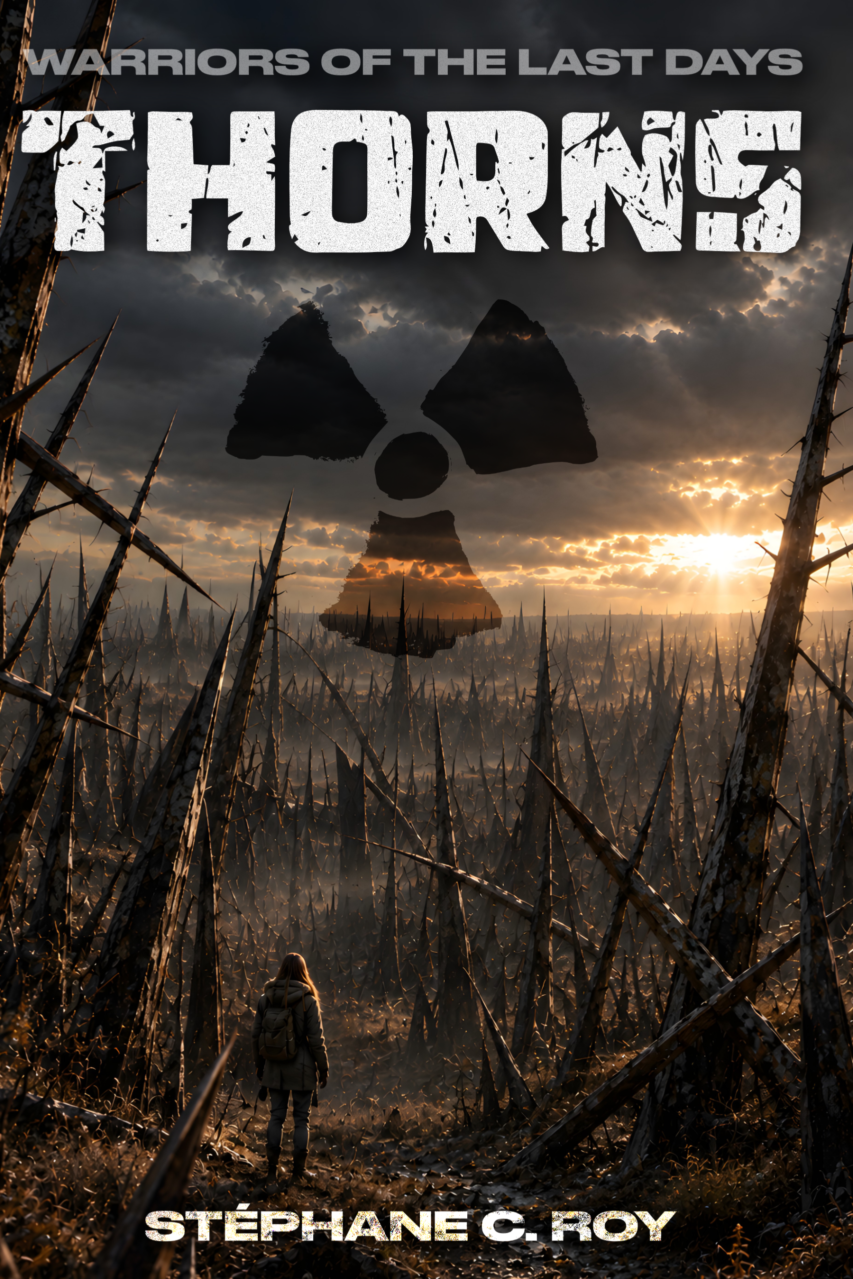 A lone figure with a backpack stands before a vast, desolate landscape of sharp, thorn-like structures under a dark sky with a large radiation symbol and a setting sun.