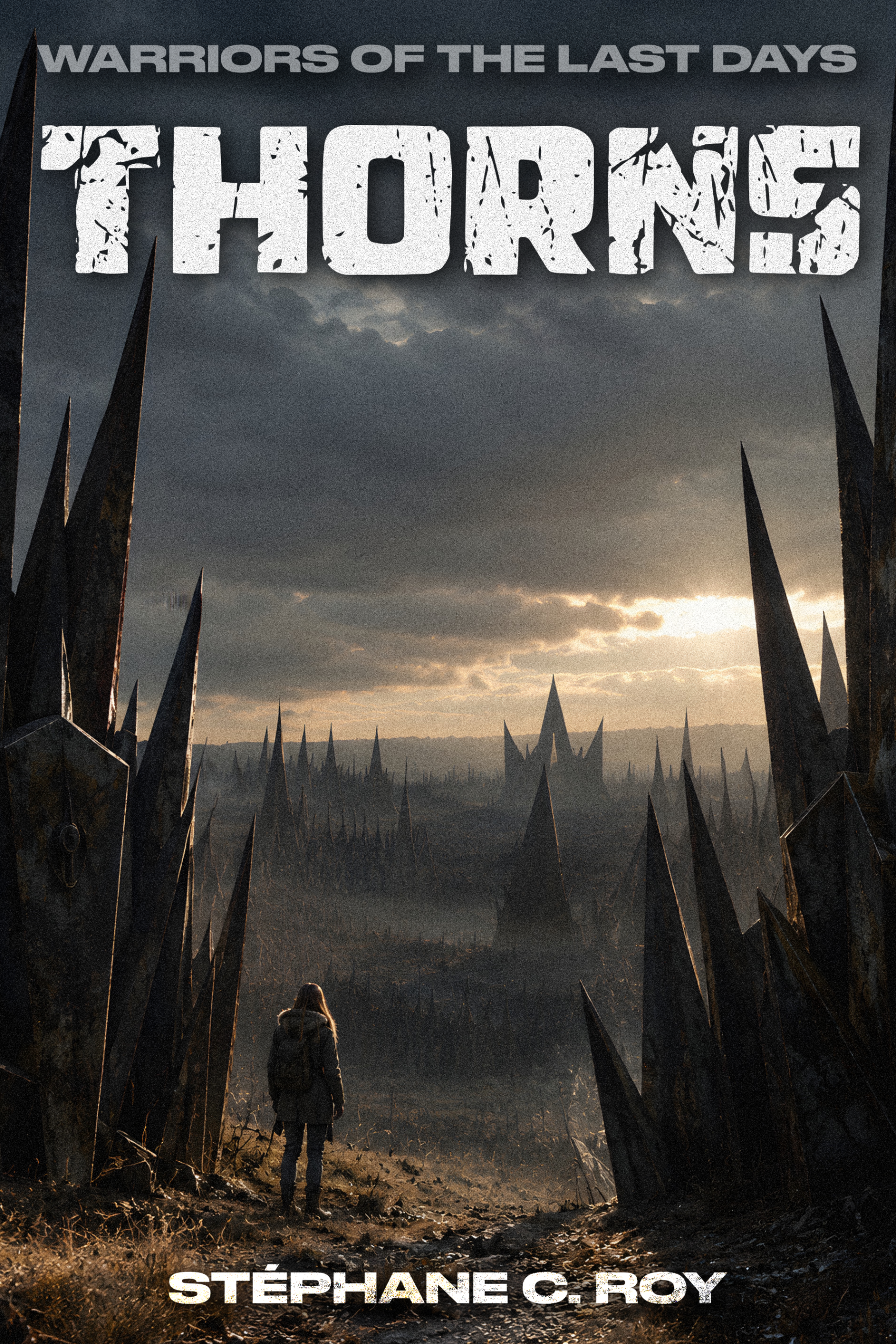 A lone figure stands before a vast, desolate landscape filled with jagged, thorn-like spires under a dim, cloudy sky.