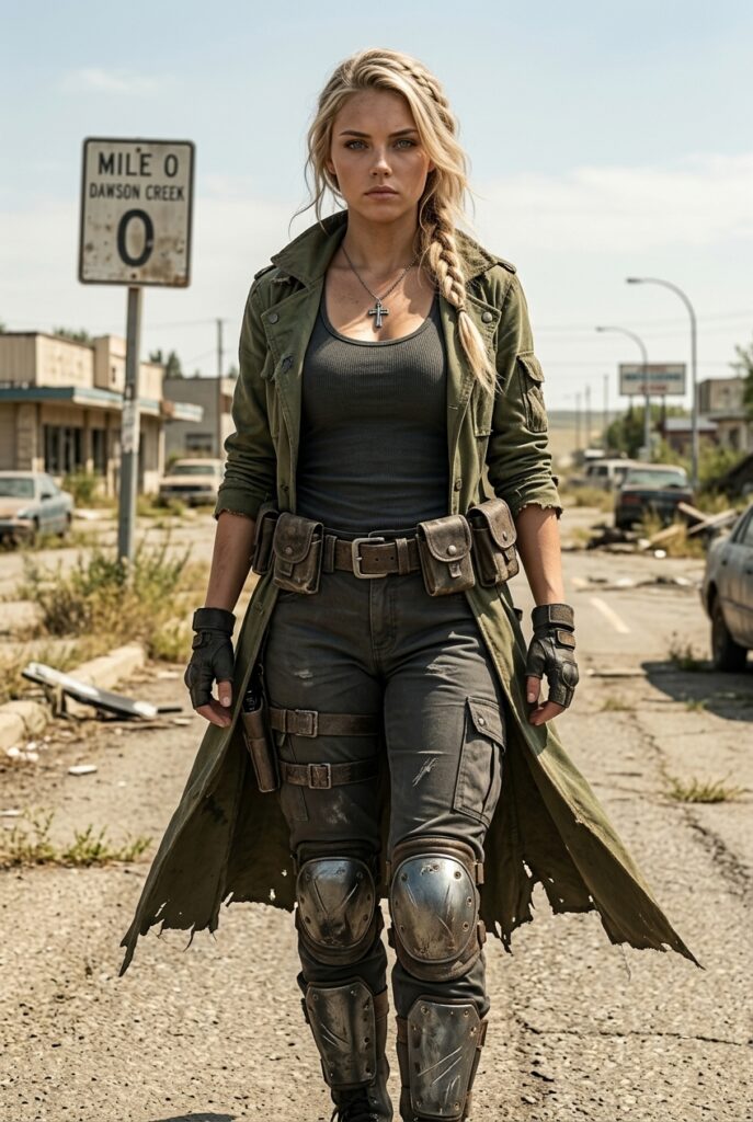 A woman with blonde hair in a braid stands in a desolate, post-apocalyptic street, wearing a long olive coat, tactical gear, and a cross necklace, with a Mile 0 Dawson Creek road sign in the background.