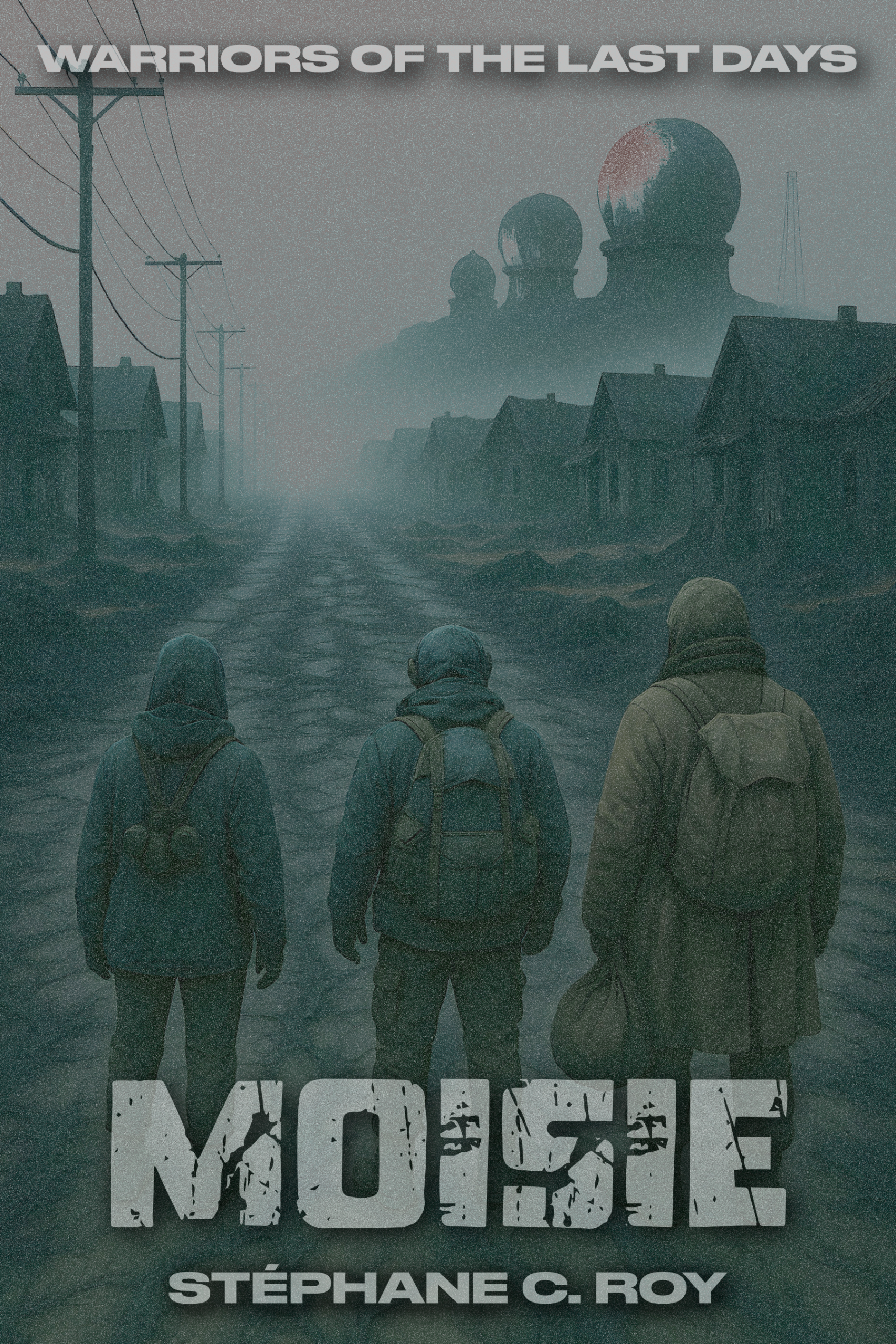 Three figures in hooded coats and backpacks walk down a desolate, foggy road toward large, dome-shaped structures in a post-apocalyptic landscape.